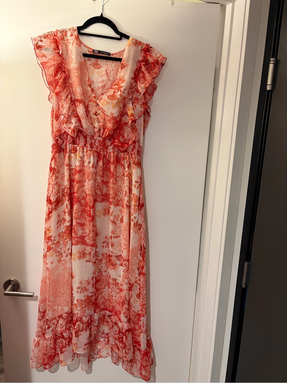 Zara Coral and White Floral Midi Dress with Ruffle V-Neck